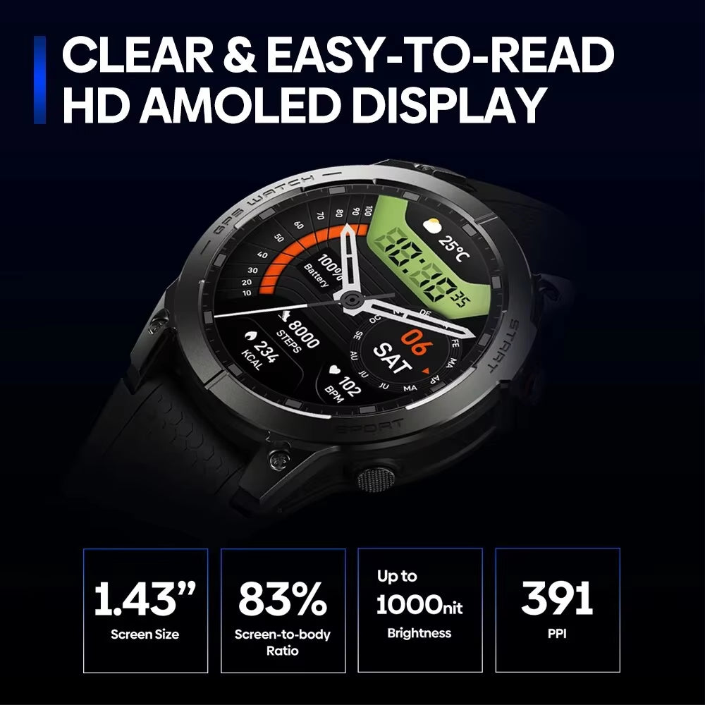 PRO GPS Smart Watch 1.43” HD AMOLED Display Built-In GPS Bluetooth Phone Calls Sports Smartwatch for Men