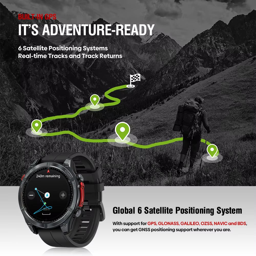 GPS Smart Watch 1.43 AMOLED Display Built-In Compass Barometric Altimeter Flashlight Voice Call Smartwatch