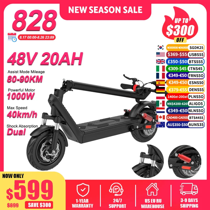 Experience the Freedom of the X9B 1000W Electric Scooter - Foldable, High-Speed E-Scooter for Adults with 10-Inch Tires!