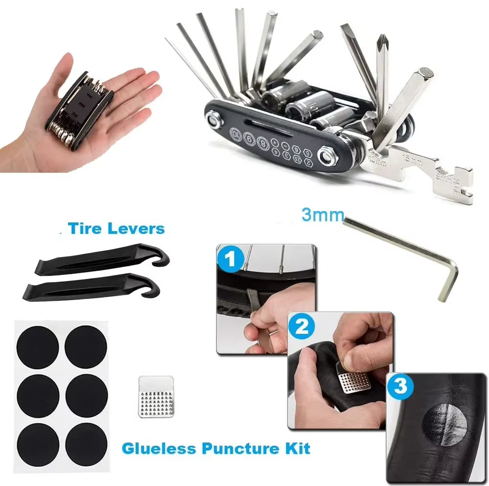 Bicycle Repair Tools Kit, Bike Accessories, Multi Tool Set with Pump Tire Patch, Portable Mountain Road Biketire Auto Tool Set