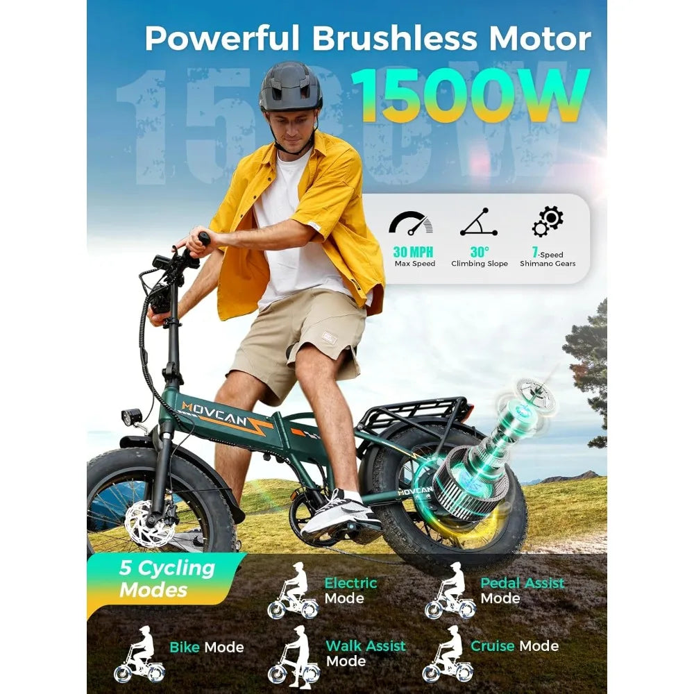 New Q20 Folding Electric Bike, 52V 15.6Ah Removable Concealed Battery 20” Fat Tire Dirt Bike,1500W Motor 30 MPH Top Speed E Bike