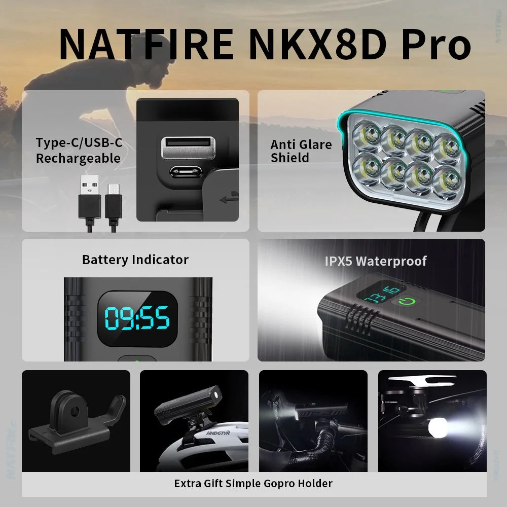 NATFIRE 10000Mah 5000LM MTB Bicycle Front Light Bicycle 8*LED Front Bike Light Headlight Bike Accessories USB Rechargeable