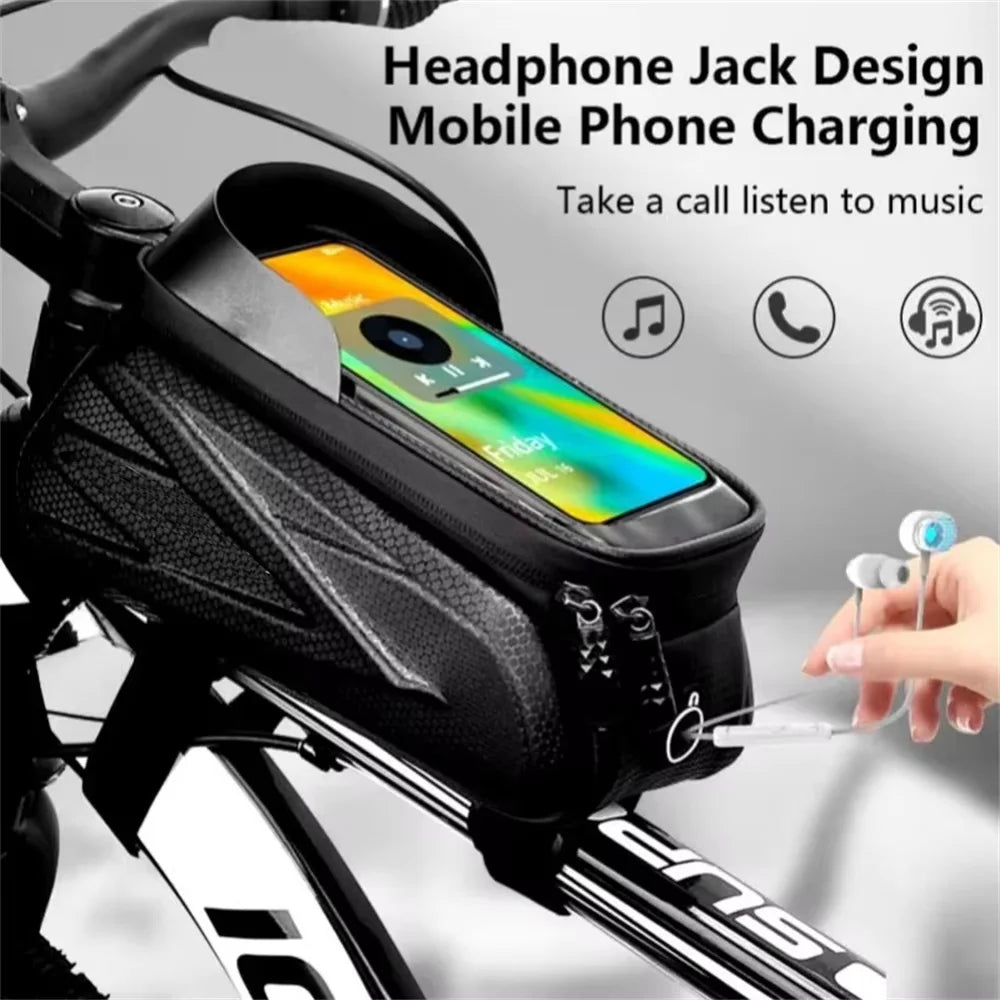 Bicycle Bag for Phone Cycling Top Front Tube Frame Bag Waterproof Case Storage Touch Screen MTB Tube Hard Shell Front Beam Bag