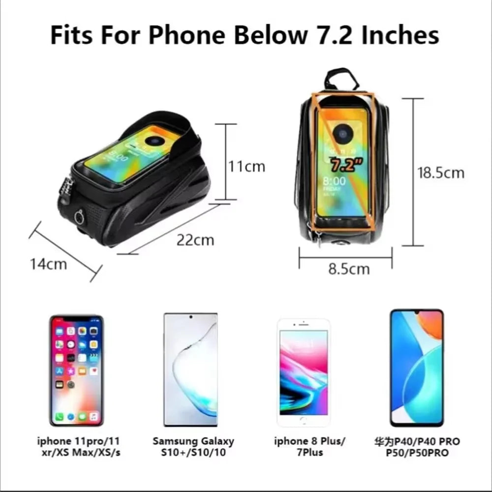Bicycle Bag for Phone Cycling Top Front Tube Frame Bag Waterproof Case Storage Touch Screen MTB Tube Hard Shell Front Beam Bag