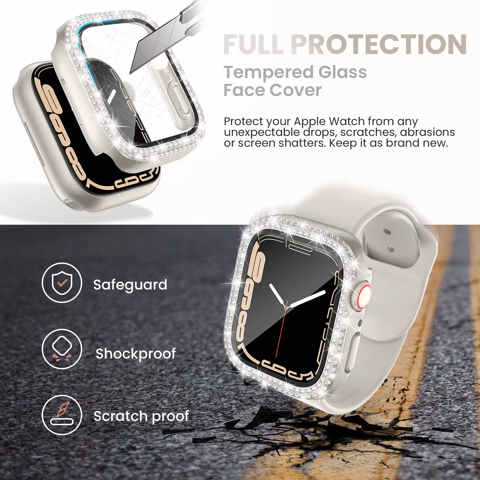 Glass+Diamond Cover for Apple Watch Case 46Mm 40Mm 44Mm 41Mm 42Mm 45Mm Bling Bumper Protector Case