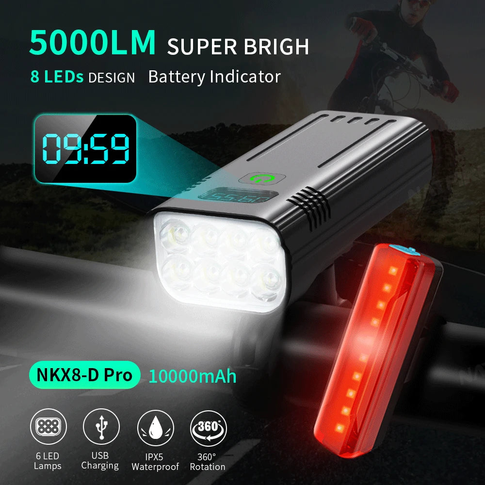 NATFIRE 10000Mah 5000LM MTB Bicycle Front Light Bicycle 8*LED Front Bike Light Headlight Bike Accessories USB Rechargeable