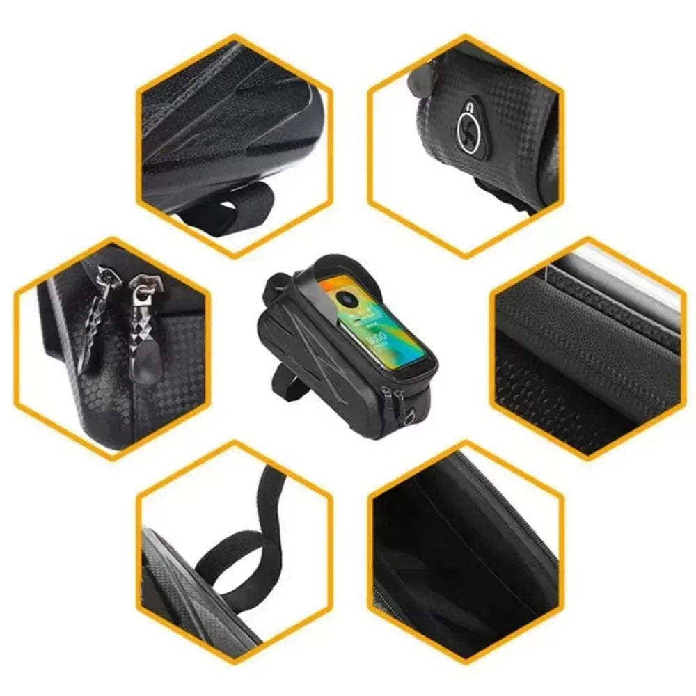 Bicycle Bag for Phone Cycling Top Front Tube Frame Bag Waterproof Case Storage Touch Screen MTB Tube Hard Shell Front Beam Bag